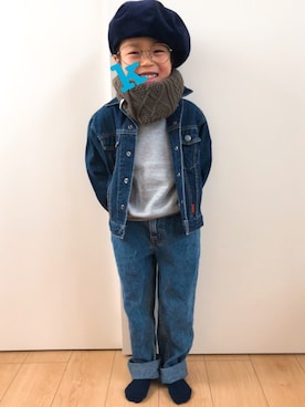 「BOBSON（ボブソン）のアイテム（デニムジャケット）」を使った、KeitoAmuさん（キッズ・110cm）の冬コーディネート