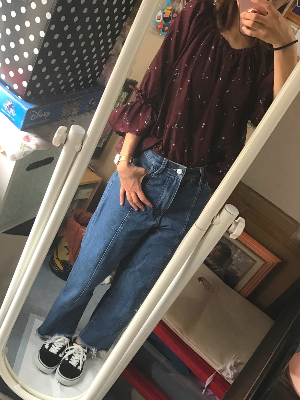 「秋のコーデ、VANS」｜「Honeysのスモックブラウス（シャツ/ブラウス、レッド系）」を使った、みほさん（レディース・152cm）の秋コーディネートの1枚目の写真