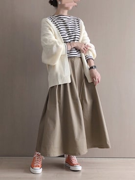 「Chaco closet（チャコ クローゼット）のケーブル編みニットボリュームスリーブルーズカーディガン（カーディガン/ボレロ）」を使った、ta_ma_☺︎さん（レディース・167cm）の秋コーディネート