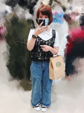「GU（ジーユー）のアイテム（Tシャツ/カットソー、ホワイト系）」を使った、エビイ-Abby-🦦さん（レディース・159cm）の夏コーディネート