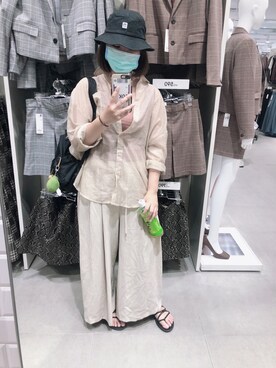 「no brand（ノーブランド）のアイテム（シャツ/ブラウス、ベージュ系）」を使った、エビイ-Abby-🦦さん（レディース・159cm）の夏コーディネート