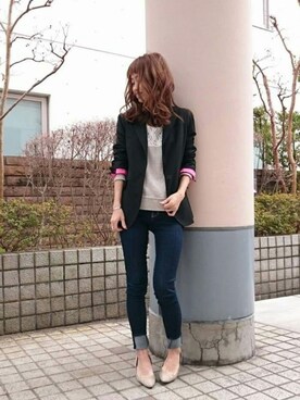 「Q（キュー）のアイテム（テーラードジャケット）」を使った、takanoさん（レディース・154cm）の春コーディネート