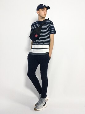 「アイテム（ボディバッグ/ウエストポーチ、ブルー系）」を使った、タレスさん（メンズ・178cm）の夏コーディネート