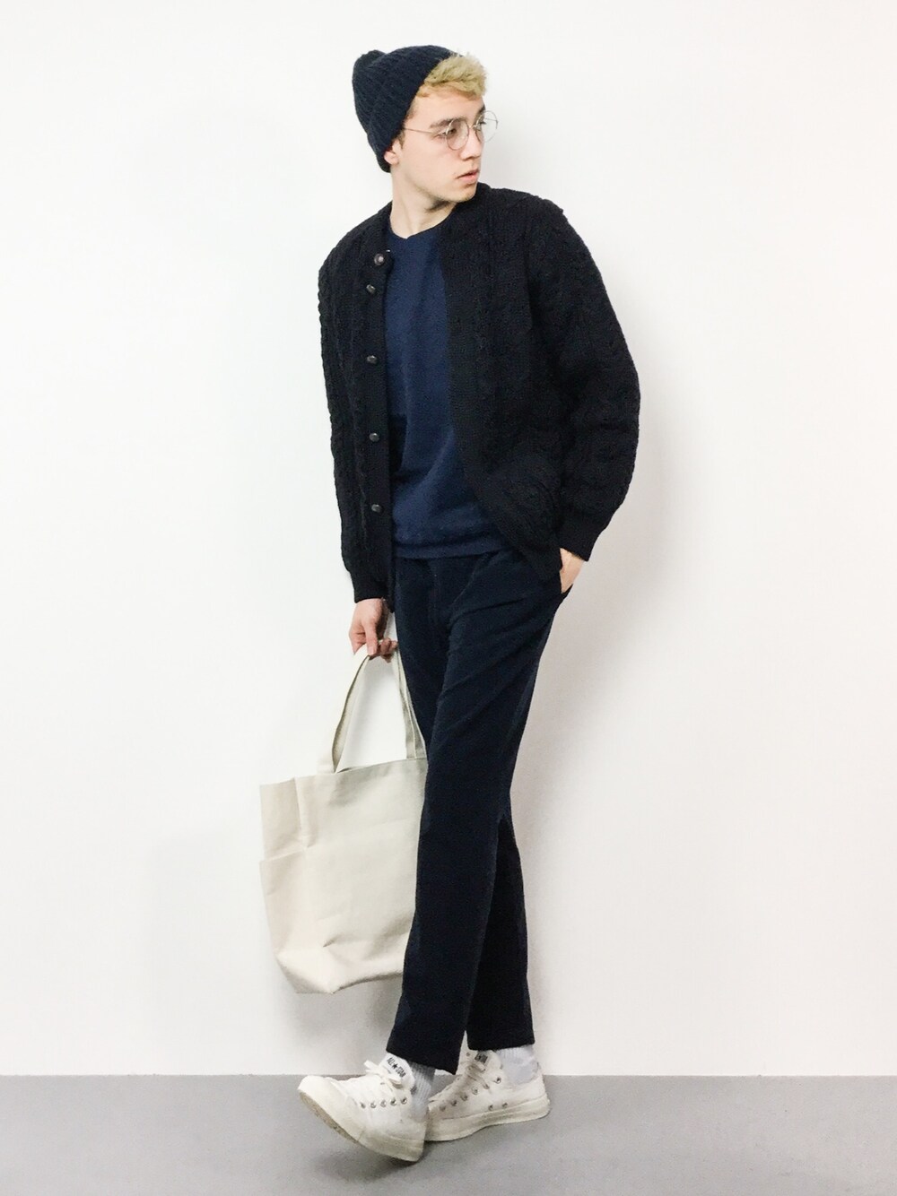 送料無料　MADE IN UK ケーブルネックカーディガン　 FREAK'S STORE 　ネイビー紺クルーネック　着用1回のみ カーディガン ミックス ケーブル カーディガン レディース