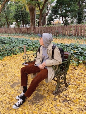 「アイラブCONVERSE」｜「アイテム（ステンカラーコート）」を使った、タレスさん（メンズ・180cm）の冬コーディネート