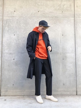 「carhartt」｜「アイテム（ステンカラーコート）」を使った、タレスさん（メンズ・180cm）の冬コーディネート