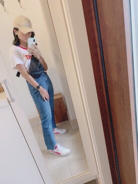 「select MOCA（セレクトモカ）の【GISELe4月号掲載】【GISELe12月号掲載】センタープレスストレートヘムラインカットオフダメージ加工デニム（デニムパンツ）」を使った、hina☺︎︎さん（レディース・159cm）の夏コーディネート