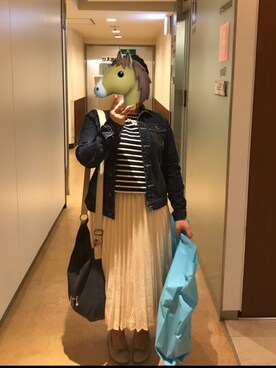 「GU（ジーユー）の7分丈ボーダートップス（Tシャツ/カットソー、ブルー系）」を使った、痩せないさん（レディース・143cm）の春コーディネート