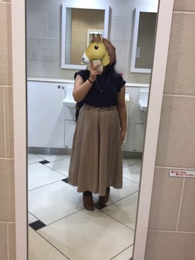 「GU（ジーユー）の半袖ブラウス ネイビー（シャツ/ブラウス、ブルー系）」を使った、痩せないさん（レディース・143cm）の冬コーディネート