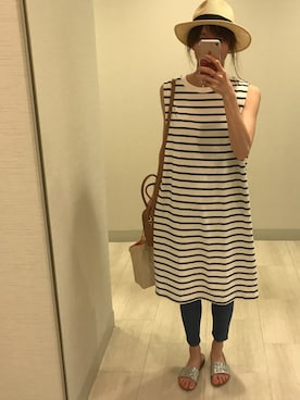 「むぎわら帽子」｜「アイテム（チュニック）」を使った、해리さん（レディース・164cm）の夏コーディネート