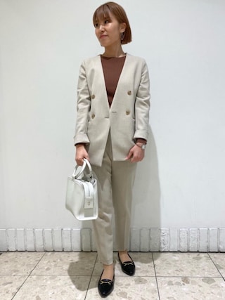 【美品】グリーンレーベルリラクシング リオペル ダブル ノーカラー パンツスーツ green label relaxing（グリーンレーベルリラクシング）の「[ 手洗い可