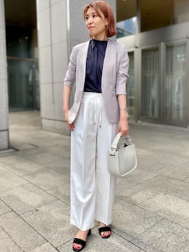 「Tシャツ/カットソー」｜「アイテム（ノーカラージャケット）」を使った、あきえさん（レディース・161cm）の夏コーディネート