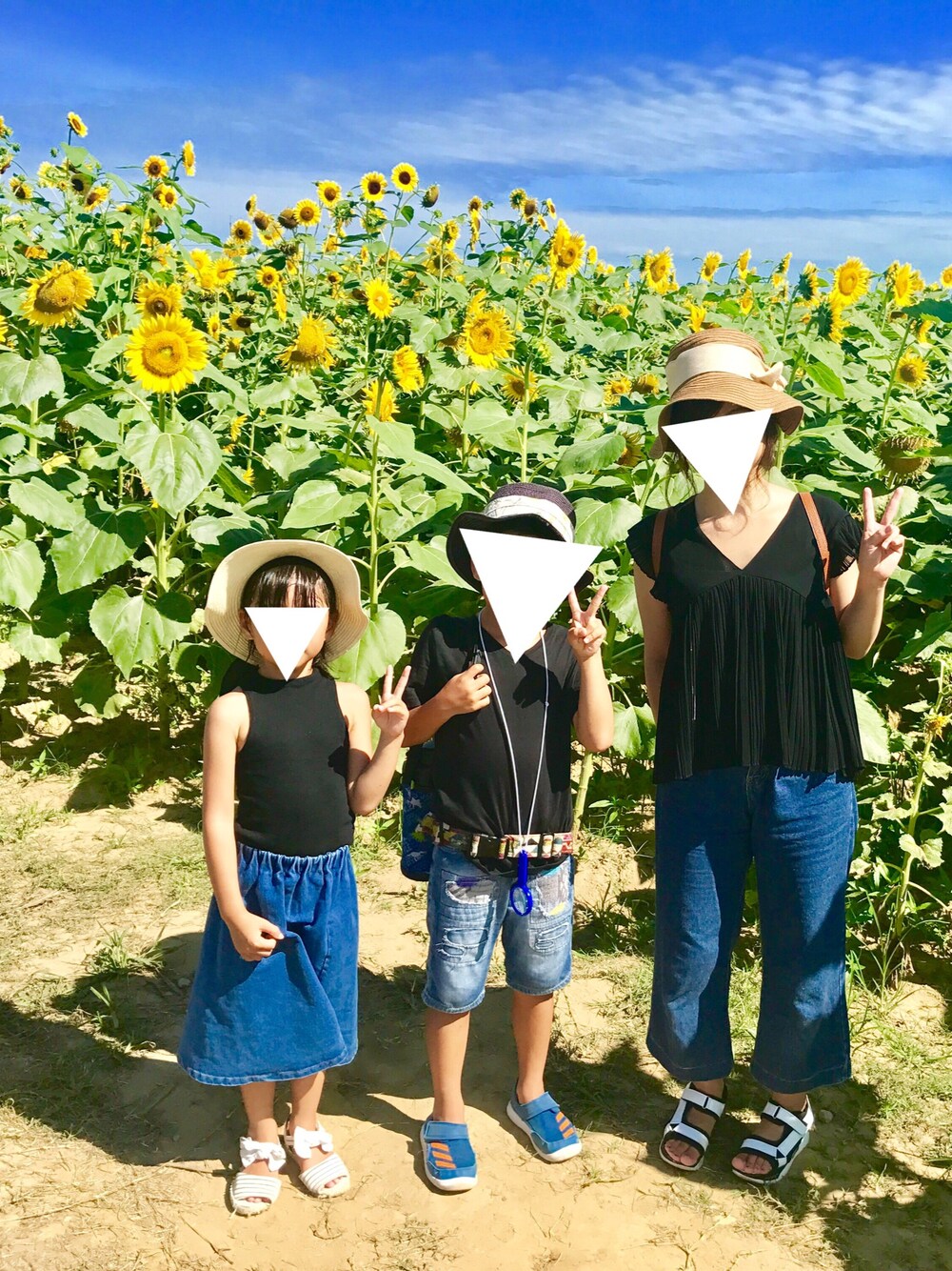 「夏コーデ、カジュアルコーデ、シンプル、息子、娘コーデ、親子コーデ、リンクコーデ、デニム、黒、おそろいコーデ」｜「H&Mのアイテム（Tシャツ/カットソー、ブラック系）」を使った、みくさん（レディース・148cm）の夏コーディネートの1枚目の写真