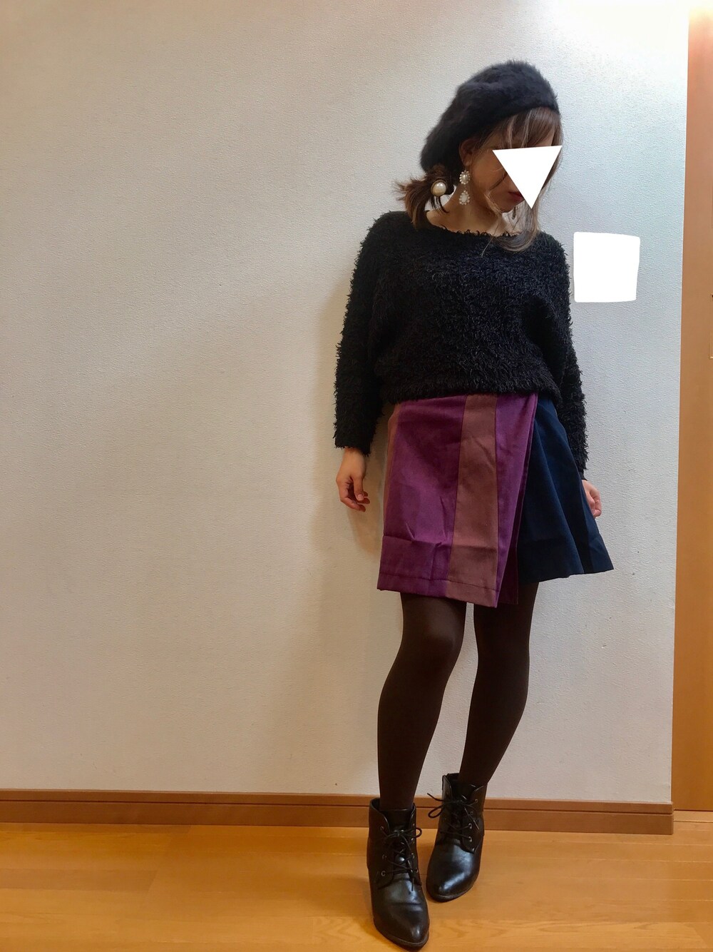 「低身長、チビーズ✳︎、秋のコーデ、冬コーデ、ラップスカート、ニット、プチプラ、レースアップブーツ、レディアゼル、ママコーデ」｜「MURUAの【FEMININE】ｼｬｷﾞｰﾆｯﾄtops（ニット/セーター、ブラック系）」を使った、みくさん（レディース・148cm）の秋コーディネートの1枚目の写真