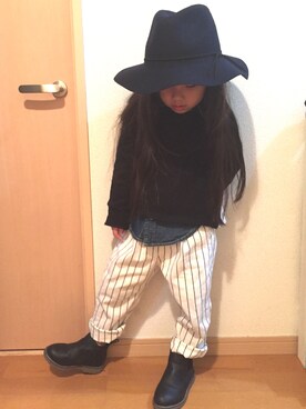 「GLOBAL WORK（グローバルワーク）のフェルトナカオレＨＡＴ/565115（ハット）」を使った、momomiyさん（キッズ・100cm）の冬コーディネート
