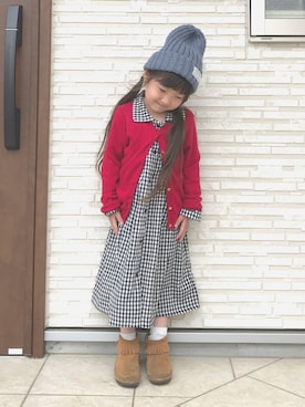 「韓国子供服のアイテム（ワンピース/ドレス、ブラック系）」を使った、momomiyさん（キッズ・110cm）の春コーディネート