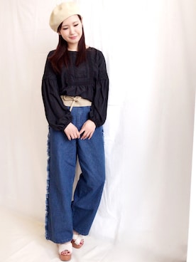 「フリンジデニム」｜「アイテム（ハンチング/ベレー帽）」を使った、archivesさん（レディース・154cm）の冬コーディネート