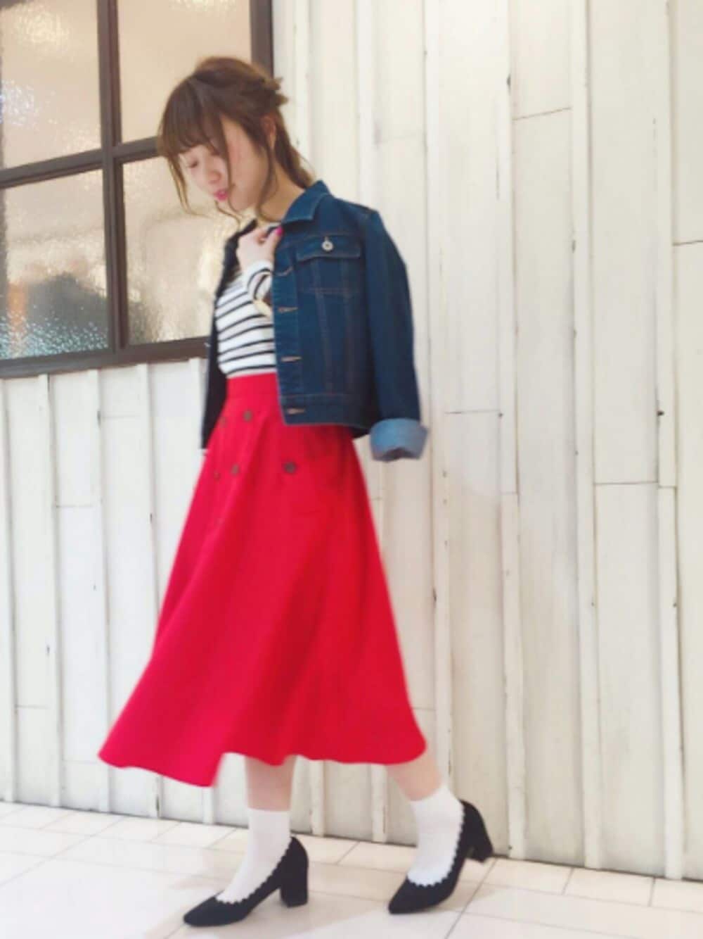 「ootd、春コーデ、オトナカジュアル、オトナ女子、デニム、ボーダー、赤、パンプス、Gジャン、シンプル」｜「🗝Instagram🗝のアイテム（その他、その他）」を使った、archivesさん（レディース・158cm）の春コーディネートの1枚目の写真