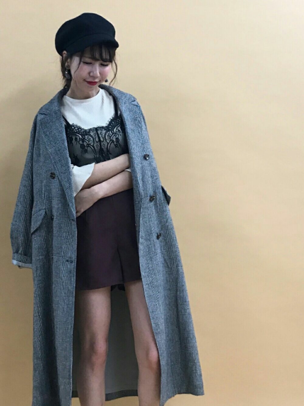 「オトナカジュアル、秋、カジュアル、大人コーデ、グレンチェック、ootd、黒、秋のコーデ、レース、コート」｜「archivesのバスクボリュームキャスケット（キャスケット、ブラック系）」を使った、archivesさん（レディース・161cm）の秋コーディネートの1枚目の写真