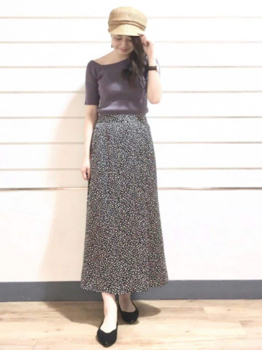 「ニット、ワンショルダー、レオパード、ロングスカート、休日スタイル、春コーデ、パープル、ootd、オトナカジュアル、archives」｜「archivesのワンショルリブニットプルオーバー（ニット/セーター、パープル系）」を使った、archivesさん（レディース・160cm）の春コーディネートの1枚目の写真