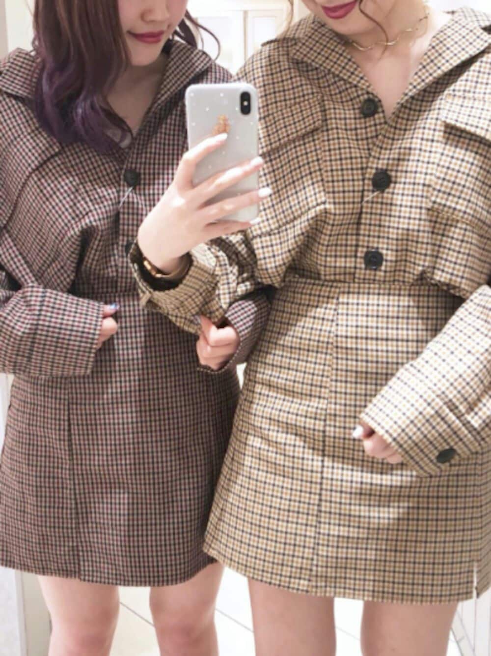 「セットアップ、チェック、ジャケット、ミニスカート、オトナガーリー、秋のコーデ、双子コーデ、ootd、低身長、archives」｜「archivesの【SETUPにも】チェックCPOジャケット（その他アウター、レッド系）」を使った、archivesさん（レディース・158cm）の夏コーディネートの1枚目の写真