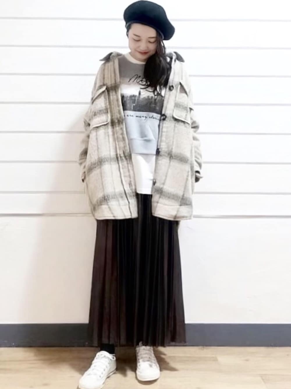 「年末WEAR感謝祭、カジュアル、ブラウンコーデ、冬コーデ、CPOジャケット、ロングスカート、outfit、アルシーヴ(archives)、archives」｜「archivesのウール混中綿キルトチェックCPOジャケット（その他アウター、ベージュ系）」を使った、archivesさん（レディース・158cm）の冬コーディネートの1枚目の写真