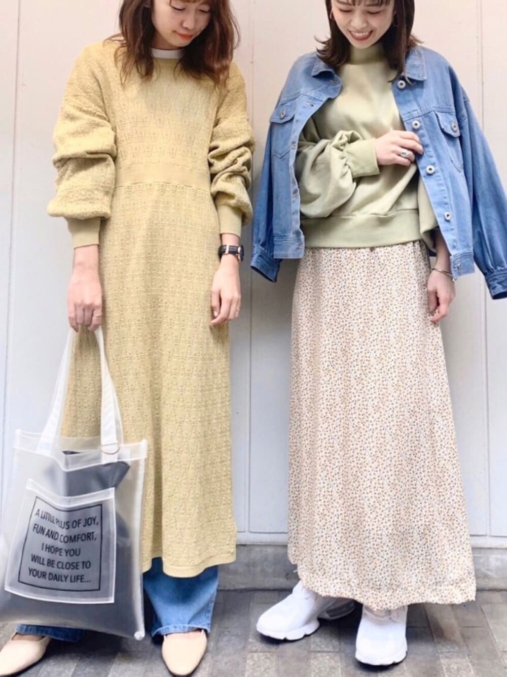「春コーデ、春のお出かけコーデ、カジュアル、お洒落さんとつながりたい、春アウター、ootd、アルシーヴ(archives)、archives、パステル映える春」｜「archivesの2WAYクロシェニットワンピース（ワンピース、イエロー系）」を使った、archivesさん（レディース・158cm）の春コーディネートの1枚目の写真