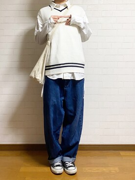 「アイテム（ベスト、ホワイト系）」を使った、あーる。☕️さん（メンズ・170cm）の冬コーディネート