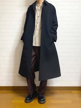 「KUUUPY」｜「アイテム（ステンカラーコート）」を使った、あーる。☕️さん（メンズ・170cm）の冬コーディネート