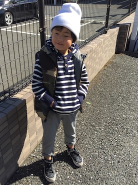 「アイテム（ダウンベスト）」を使った、mikoさん（キッズ・120cm）の冬コーディネート