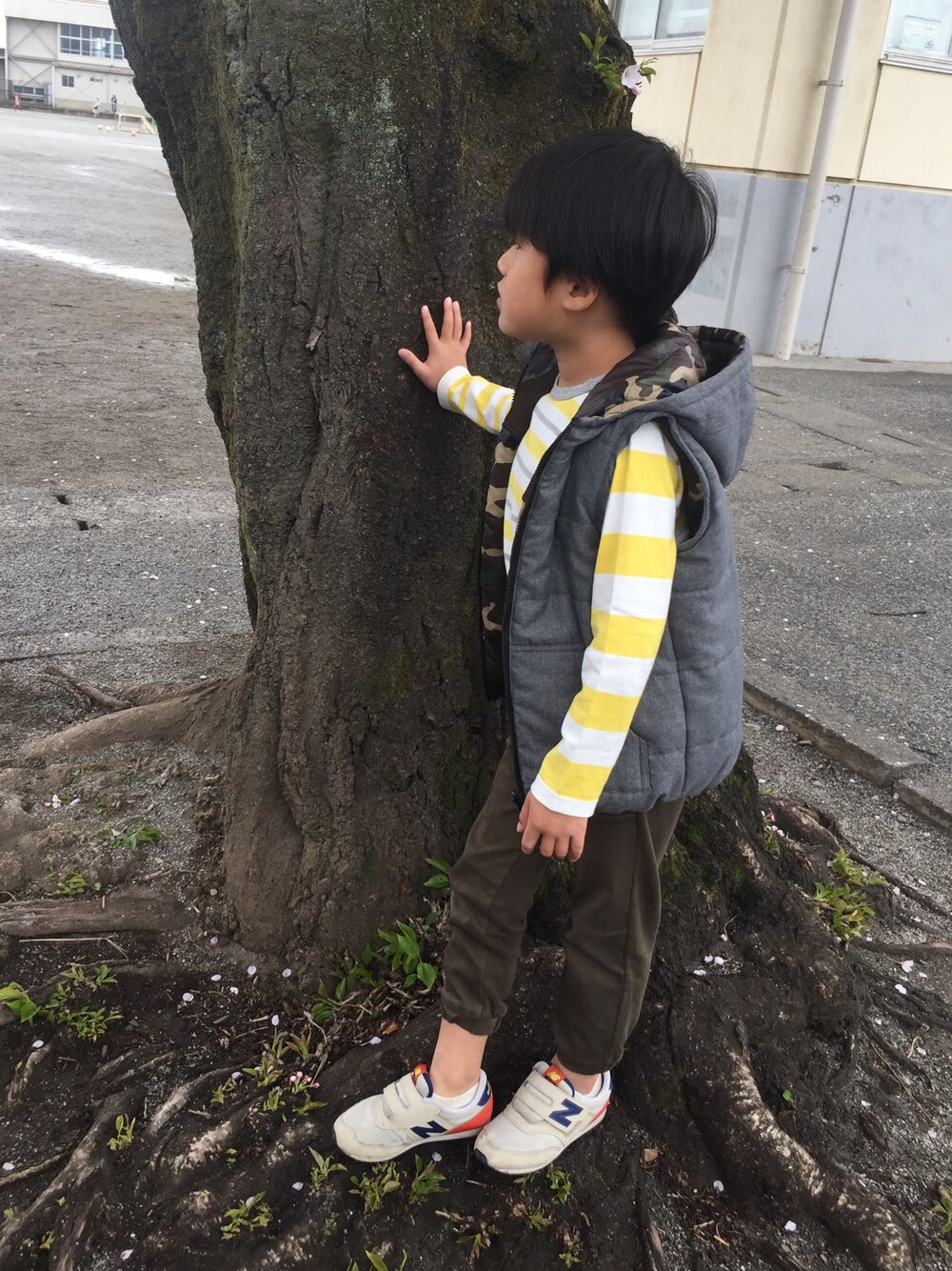グレー系のダウンベスト、イエロー系のTシャツ/カットソー、グリーン系のカーゴパンツを着用したキッズの春コーディネートの1枚目の写真
