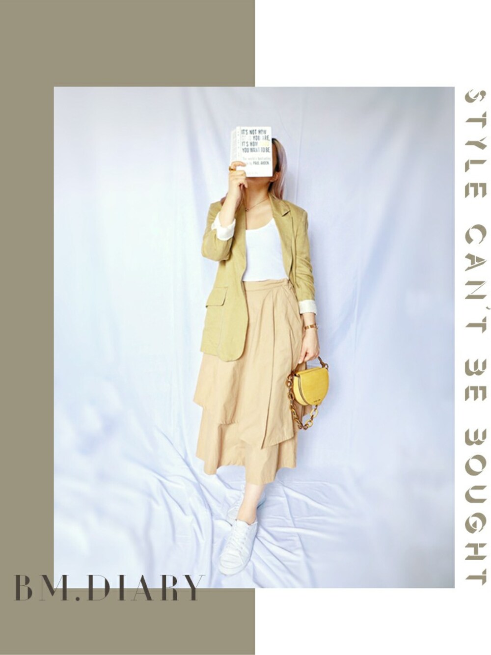 イエロー系のバッグを着用したレディースの春コーディネートの1枚目の写真