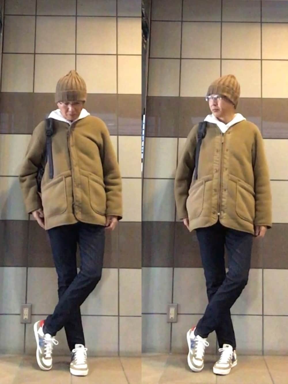 ブルー系のその他アウター、ブルー系のデニムパンツ、ベージュ系のスニーカーを着用したメンズの冬コーディネートの1枚目の写真