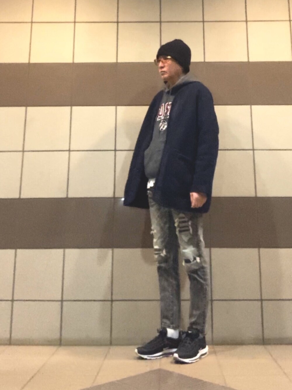 「UNIQLOのフリースノーカラーコート（その他アウター、ブルー系）」を使った、HiRo🇺🇸さん（メンズ・178cm）の秋コーディネートの1枚目の写真