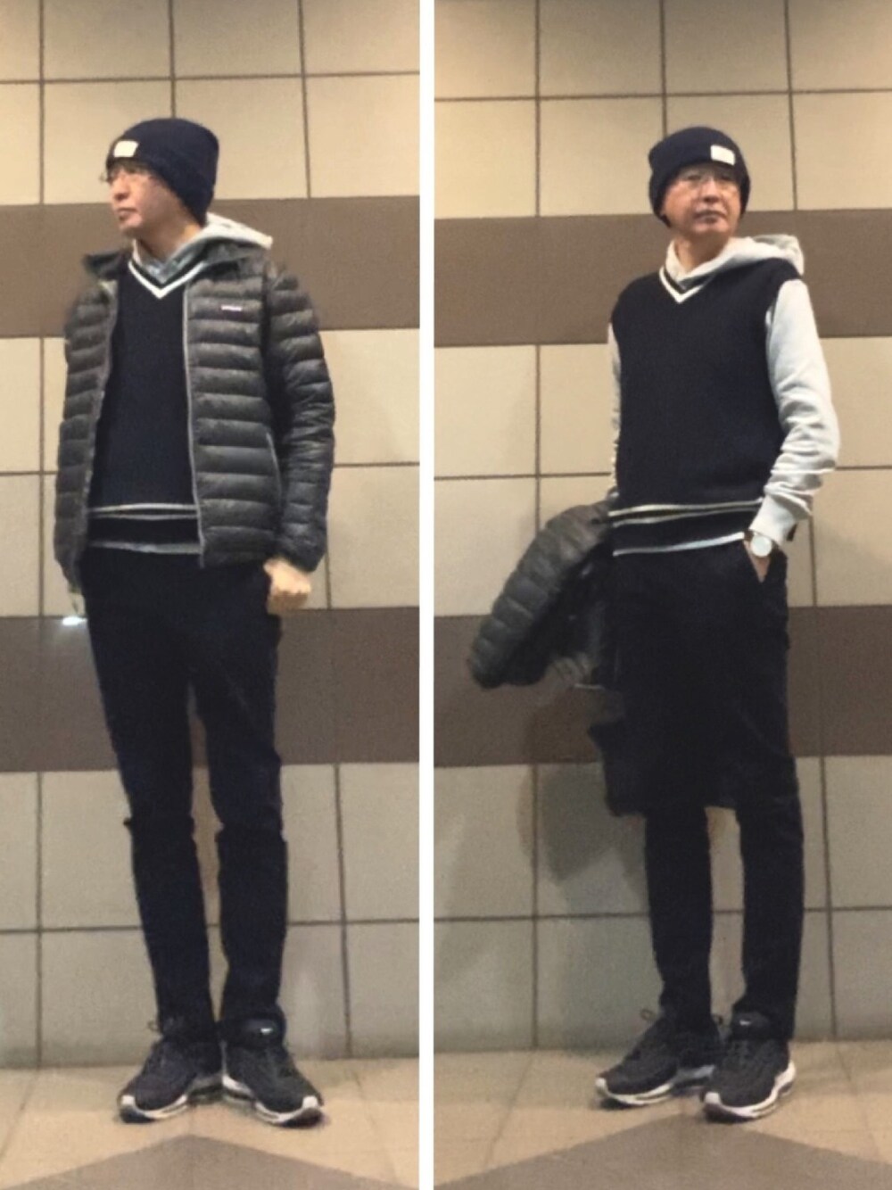 その他のダウンジャケット/コート、その他のベスト、グレー系のパーカーを着用したメンズの冬コーディネートの1枚目の写真