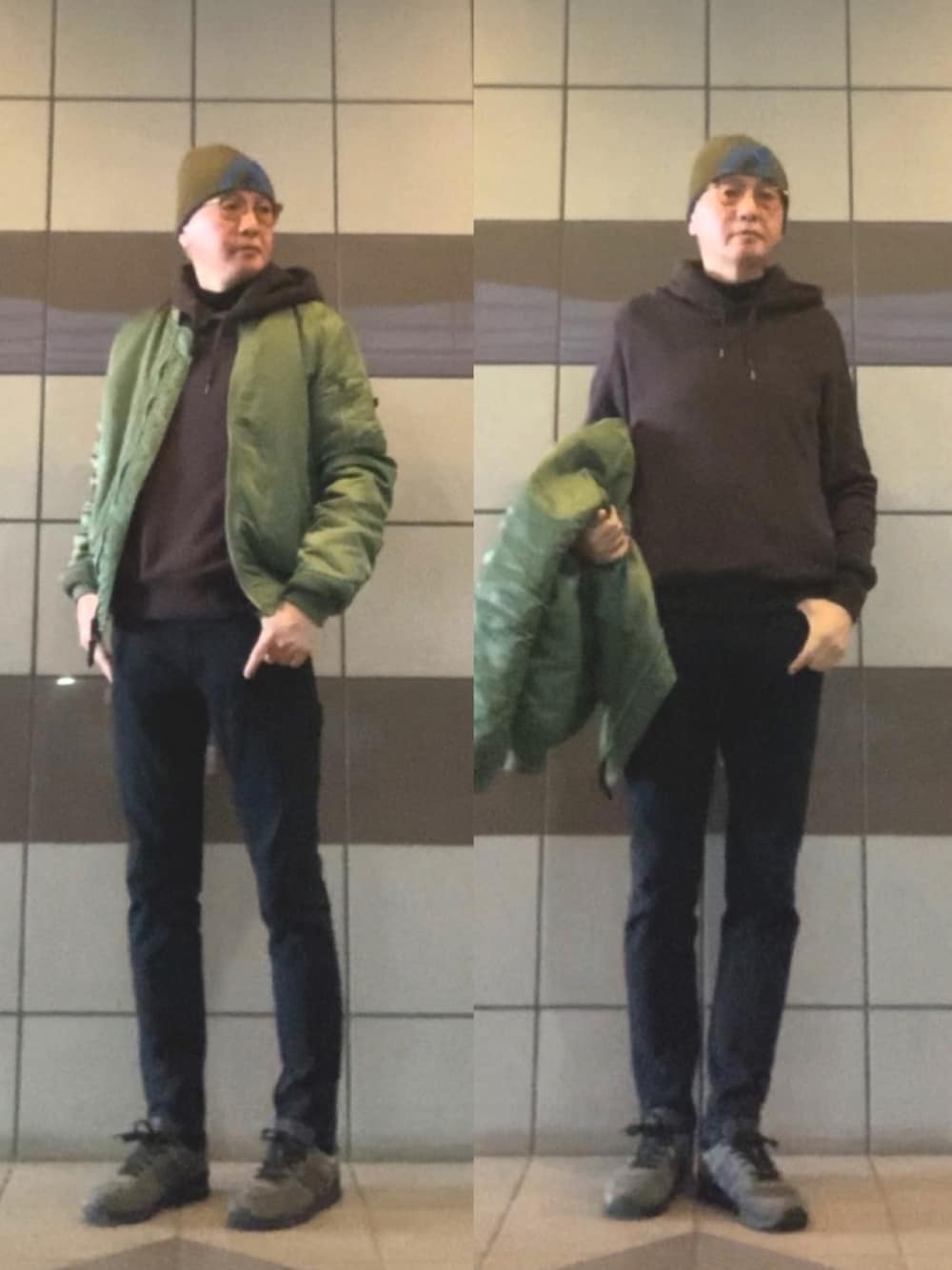 「MA-1、パーカー、スキニーデニム、ブラックデニム、ブラックスキニー、ニット帽、スニーカー、ベロア」｜「ALPHA古着のアイテム（MA-1、グリーン系）」を使った、HiRo🇺🇸さん（メンズ・178cm）の冬コーディネートの1枚目の写真