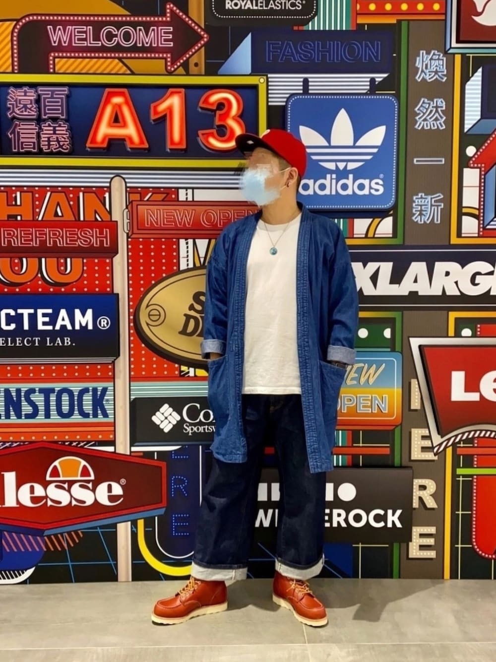 「ootd、夏、街頭穿搭、休閒、oversize、牛仔褲、和風、NEW ERA、RED WING、8875」｜「BEAMSのアイテム（ノーカラージャケット、ブルー系）」を使った、S.L さん（メンズ・168cm）の春コーディネートの1枚目の写真