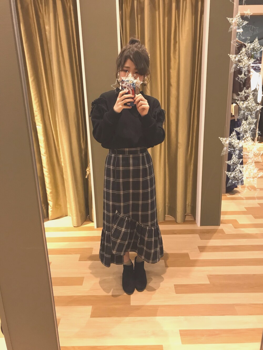 「初売りセールで買いました2019、休日スタイル、着回しコーデ、greenparks、プチプラ、いいね、save、フォローお願いします🤑、スカート、タイトスカート、チェックスカート、今日のコーデ」｜「Green　Parksの・チェックマーメイドスカート（スカート、ブラック系）」を使った、さなさん（レディース・156cm）の冬コーディネートの1枚目の写真