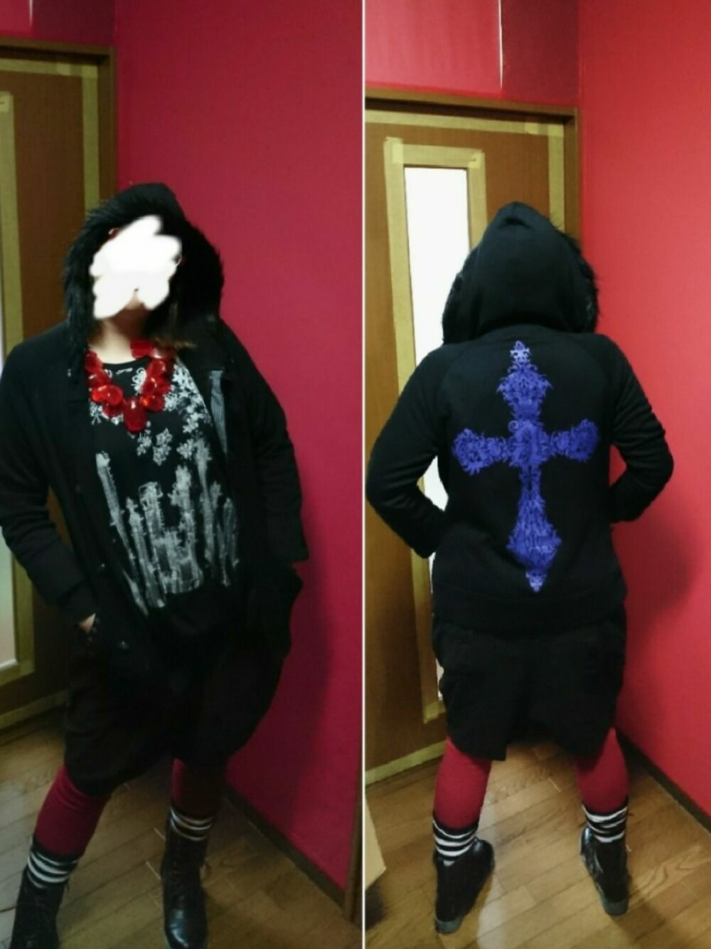 「黒系、赤レギンス、個性」｜「ALGONQUINSのアイテム（パーカー、ブラック系）」を使った、ayoumu(まる)さん（レディース・170cm）の冬コーディネートの1枚目の写真