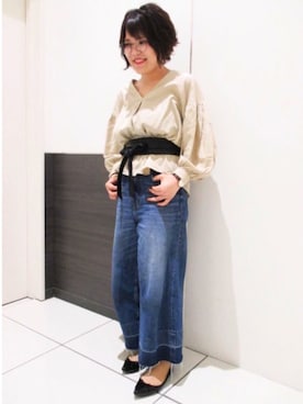 「LOWRYS FARM（ローリーズファーム）のＣＯＮＥワイドクロップドパンツ　742096 （デニムパンツ、ブルー系）」を使った、tkmegsanさん（レディース・151cm）の春コーディネート