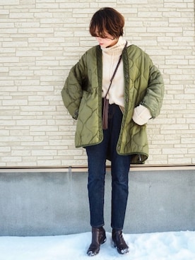 「select MOCA（セレクトモカ）のリンキングオーバーサイズタートルニット（ニット/セーター）」を使った、omi*さん（レディース・161cm）の冬コーディネート