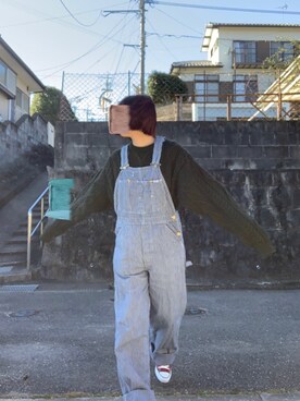 「古着のアイテム（サロペット/オーバーオール、ブルー系）」を使った、haruさん（レディース・162cm）の秋コーディネート