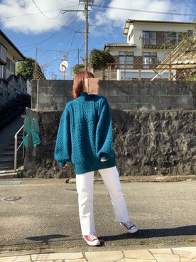 「古着のアイテム（ニット/セーター、グリーン系）」を使った、haruさん（レディース・162cm）の秋コーディネート
