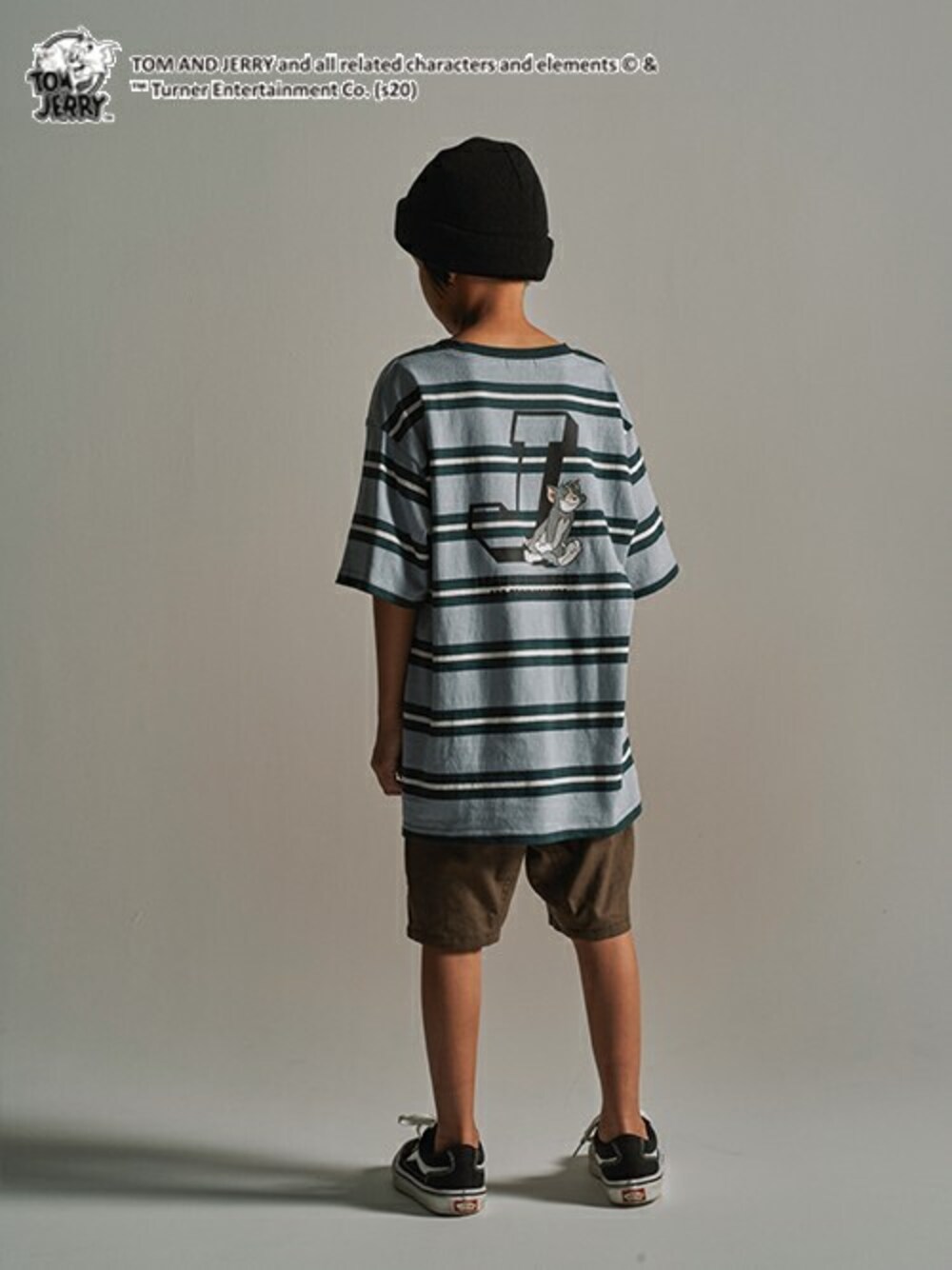 「Tシャツ、ハーフパンツ、キッズコーデ、男の子、夏コーデ、キッズファッション、レグルス、LEGURUS STANDARD、レグルススタンダード、LEGURUS」｜「LEGURUS STANDARDのトムとジェリー コラボ ボーダーTシャツ（Tシャツ/カットソー、ブルー系）」を使った、LEGURUS STANDARDさん（キッズ・135cm）の夏コーディネートの1枚目の写真