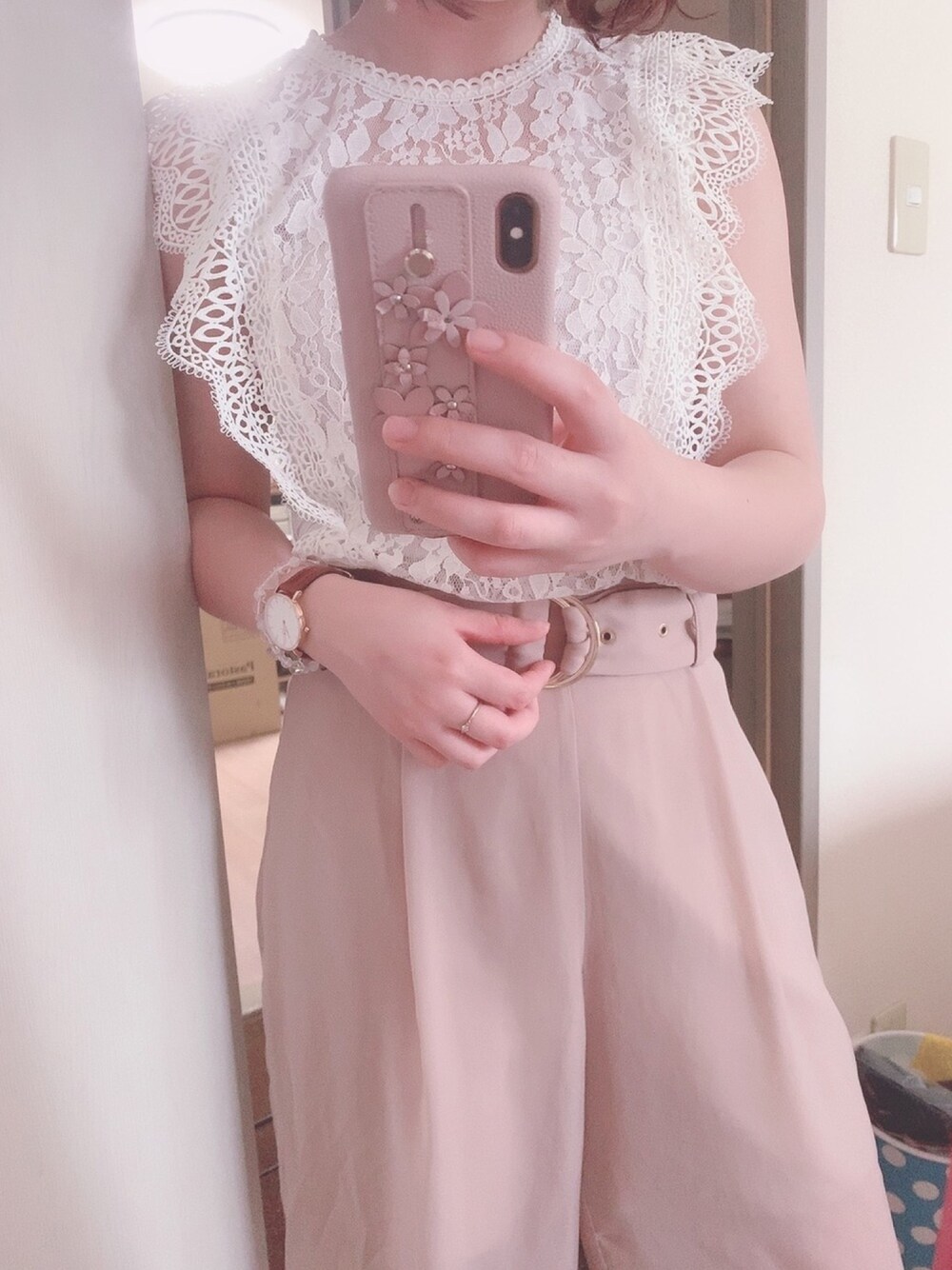 「GU、夏、おしゃれさんと繋がりたい、大人コーデ、キレイめ、ワイドパンツ、ピンク、ホワイト、くすみカラー、レディアゼル」｜「GUのアイテム（シャツ/ブラウス、ホワイト系）」を使った、Mi-noさん（レディース・153cm）の夏コーディネートの1枚目の写真