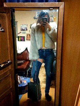 「GYDA（ジェイダ）のアイテム（デニムパンツ、ブルー系）」を使った、めぐ姫さん（レディース・158cm）の冬コーディネート
