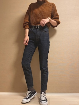 「MOUSSY（マウジー）のMVS SKINNY（デニムパンツ）」を使った、さめこ。さん（レディース・168cm）の秋コーディネート