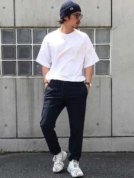 「Champion（チャンピオン）のアイテム（ニットキャップ/ビーニー）」を使った、かねちさん（メンズ・169cm）の夏コーディネート