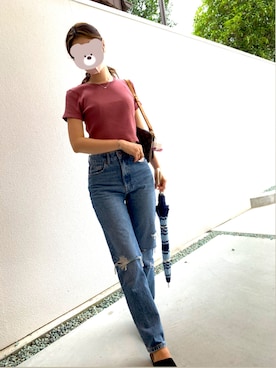 「UNIQLO（ユニクロ）のアイテム（Tシャツ/カットソー、ピンク系）」を使った、今日のコーデのコーデは！さん（レディース・165cm）の夏コーディネート