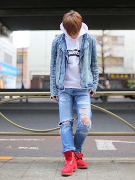 「アイテム（パーカー）」を使った、RiNcさん（メンズ・180cm）の春コーディネート